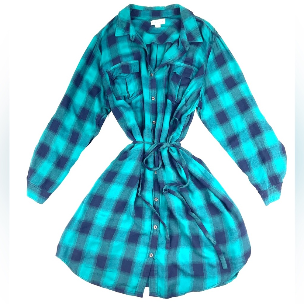 Plaid Button-Front Shirt Dress in Teal and Navy